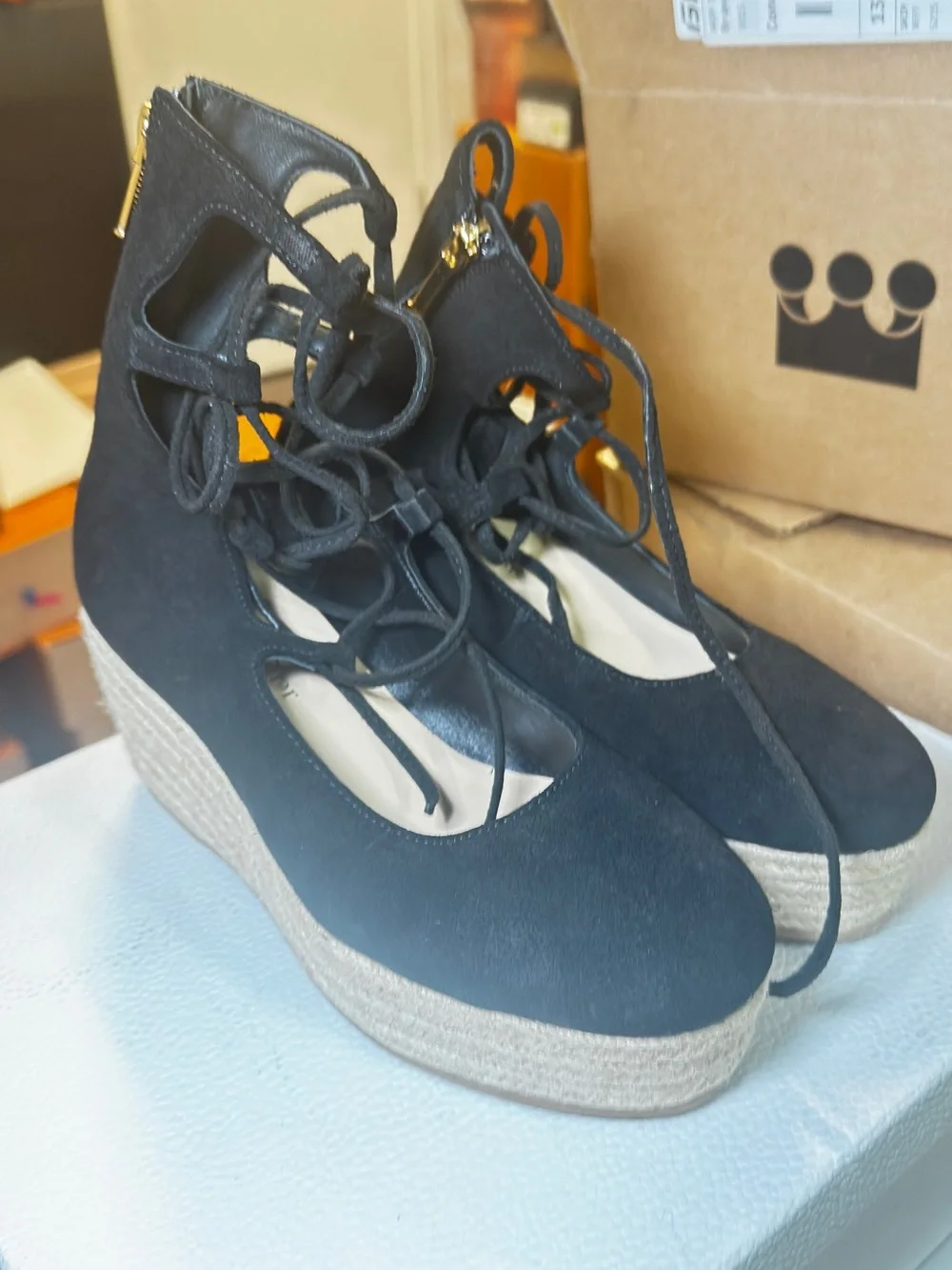 Dior Black Suede Lace-Up Espadrille Wedge with Natural Rope Platform